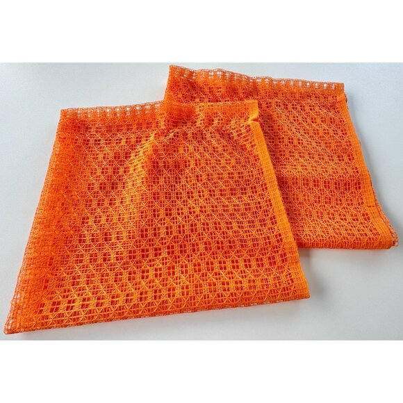 Vintage 70s curtains pair, bright orange mesh panels, open weave - Picture 1 of 7